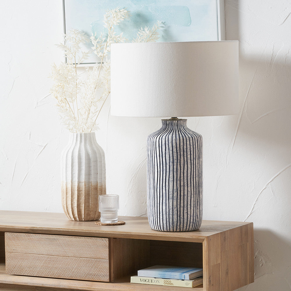 Bude Blue and White Stripe Stoneware Table Lamp with Henry 40cm White Handloom Cylinder Shade