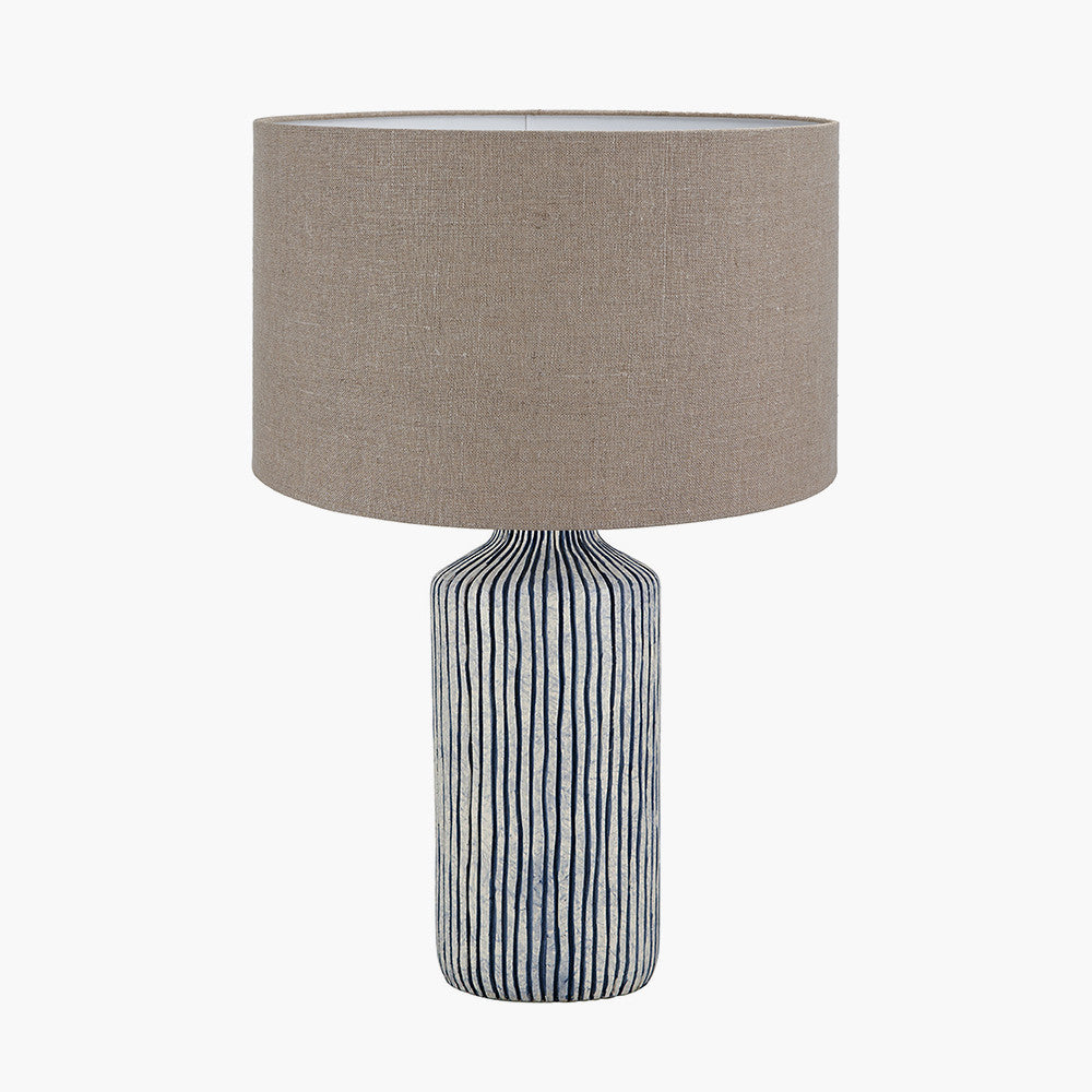 Bude Blue and White Stripe Stoneware Table Lamp Base with Edward 40cm Natural Linen Cylinder Lampshade