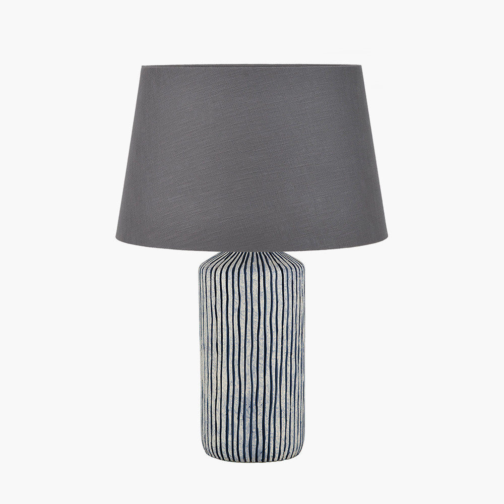 Bude Blue and White Stripe Stoneware Table Lamp Base with Lys 40cm Steel Grey Self Lined Linen Tapered Lampshade