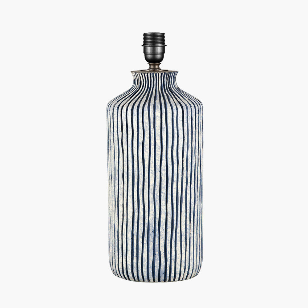 Bude Blue and White Stripe Stoneware Table Lamp Base with Lys 40cm Steel Grey Self Lined Linen Tapered Lampshade
