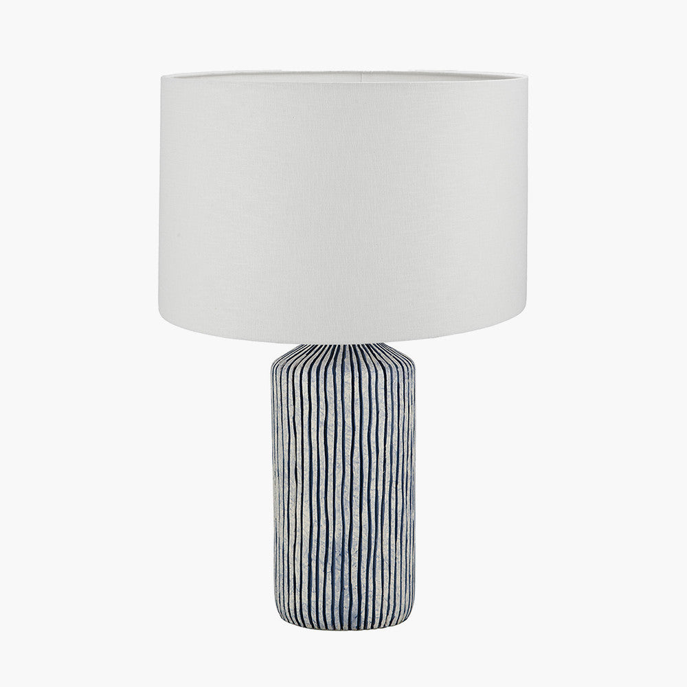 Bude Blue and White Stripe Stoneware Table Lamp Base with Lino 40cm White Self Lined Linen Cylinder Lampshade