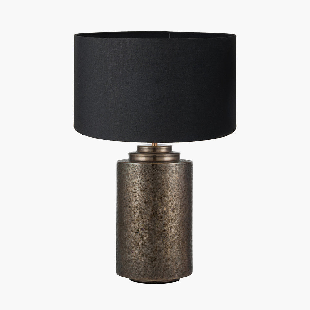 Zuri Large Antique Brass Metal Pot Table Lamp Base with Harry 45cm Black Cotton Mix Cylinder Lampshade