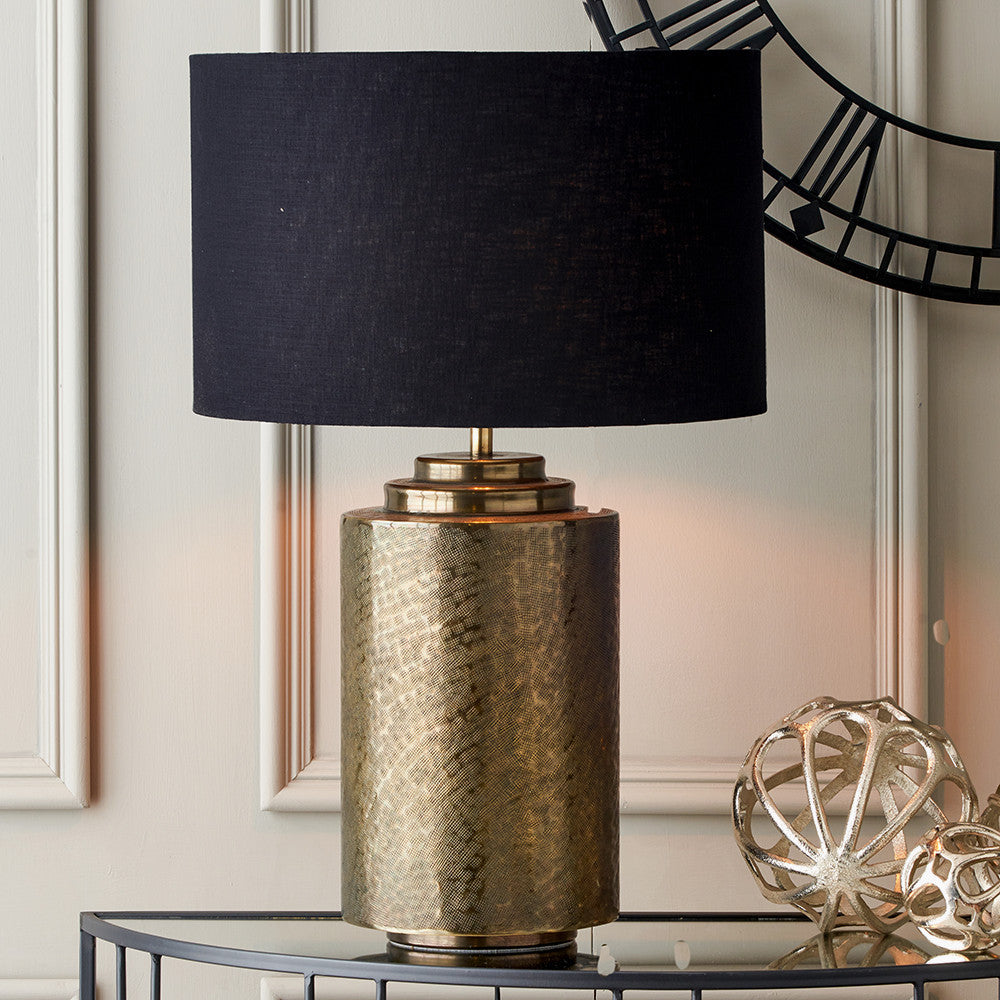 Zuri Large Antique Brass Metal Pot Table Lamp Base with Harry 45cm Black Cotton Mix Cylinder Lampshade