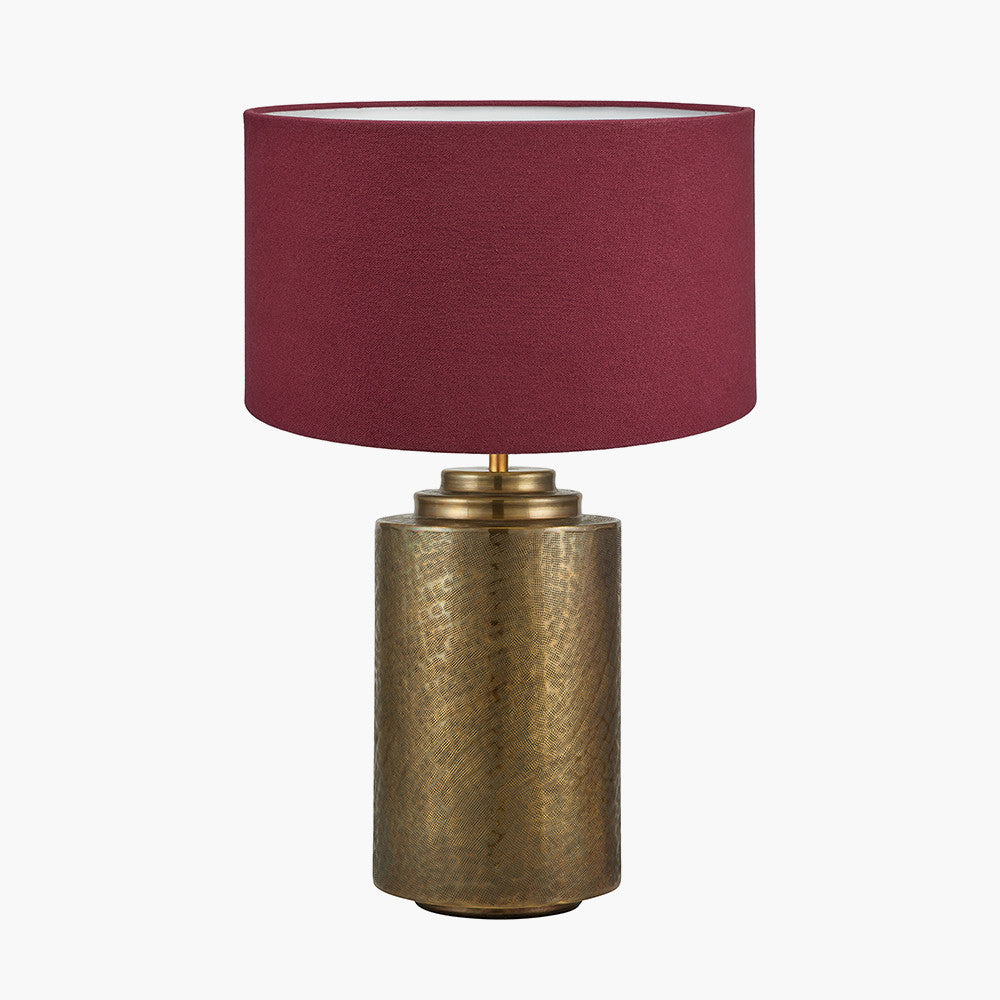 Zuri Large Antique Brass Metal Pot Table Lamp Base with Henry 45cm Mulberry Handloom Cylinder Lampshade