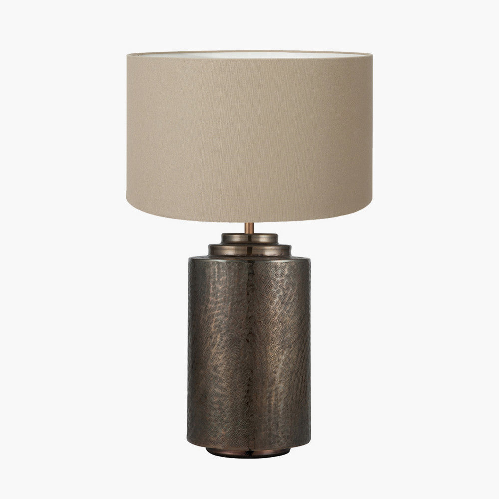 Zuri Large Antique Brass Metal Pot Table Lamp Base with Henry 45cm Taupe Handloom Cylinder Lampshade