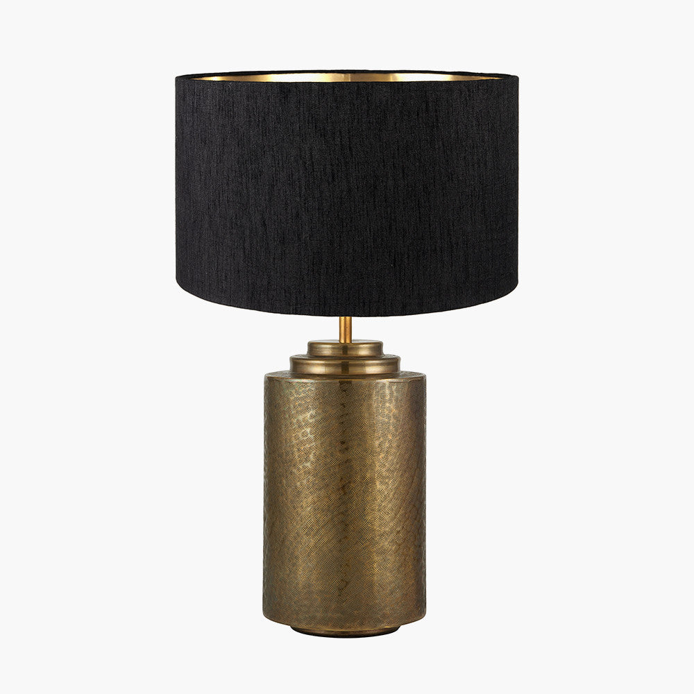 Zuri Large Antique Brass Metal Pot Table Lamp Base with Stellan 45cm Black Slubbed Faux Silk Gold Lined Cylinder Lampshade