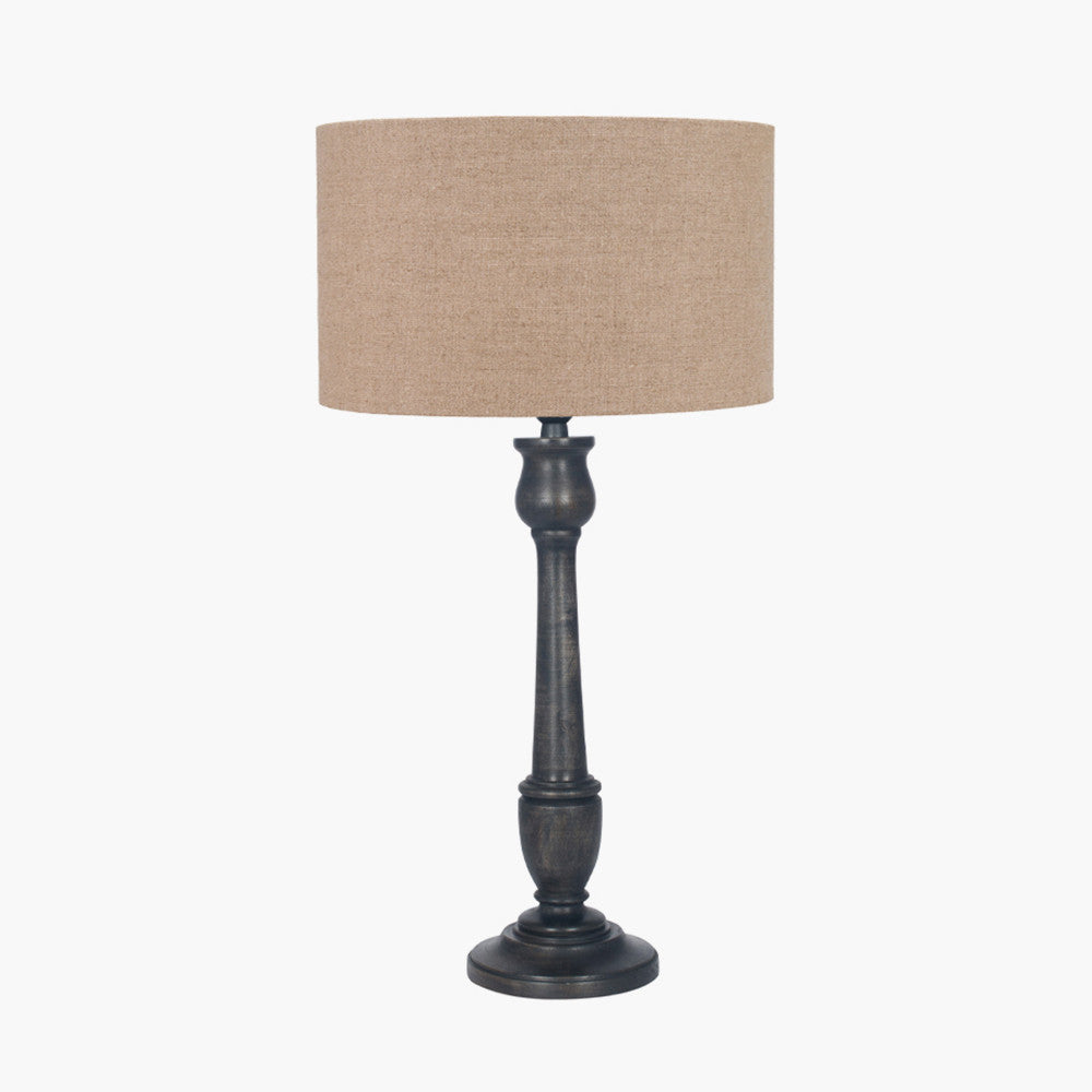 Captiva Antique Black Mango Wood Table Lamp Base with Edward 35cm Natural Linen Cylinder Lampshade