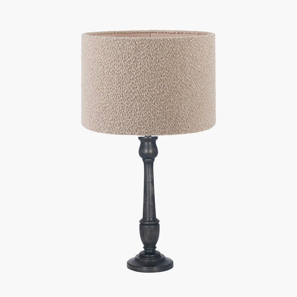Captiva Antique Black Mango Wood Table Lamp Base with Rouen 35cm Taupe Boucle Cylinder Lampshade
