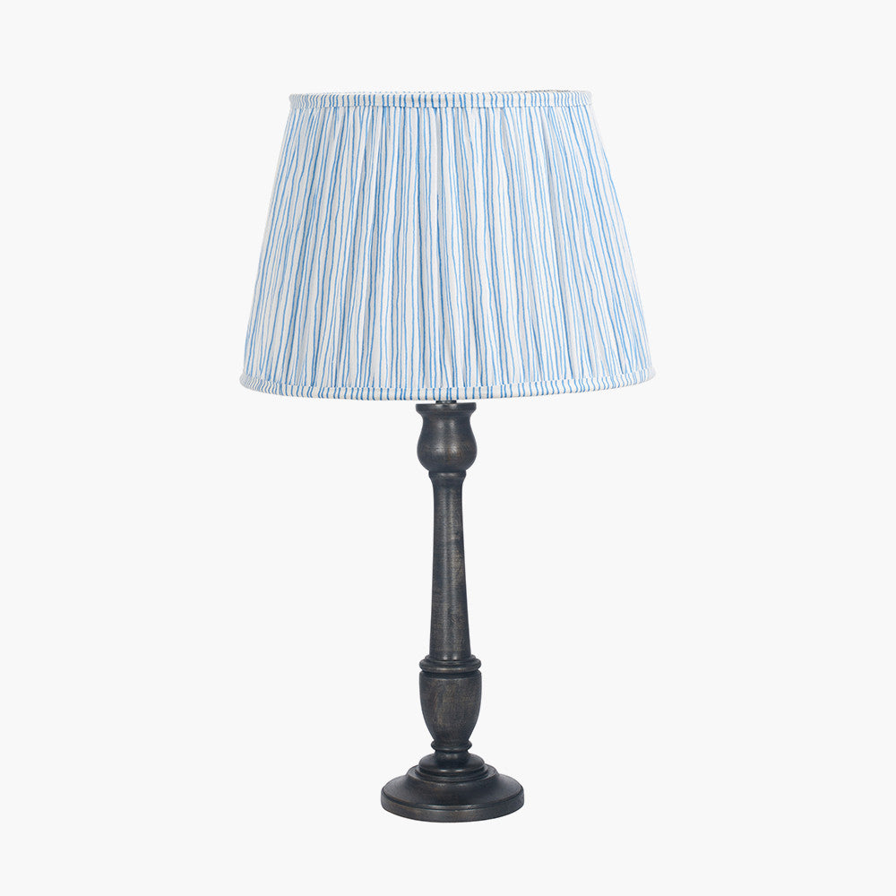 Captiva Antique Black Mango Wood Table Lamp Base with Thiago 35cm Ocean Blue Stripe Mushroom Pleat Tapered Lampshade