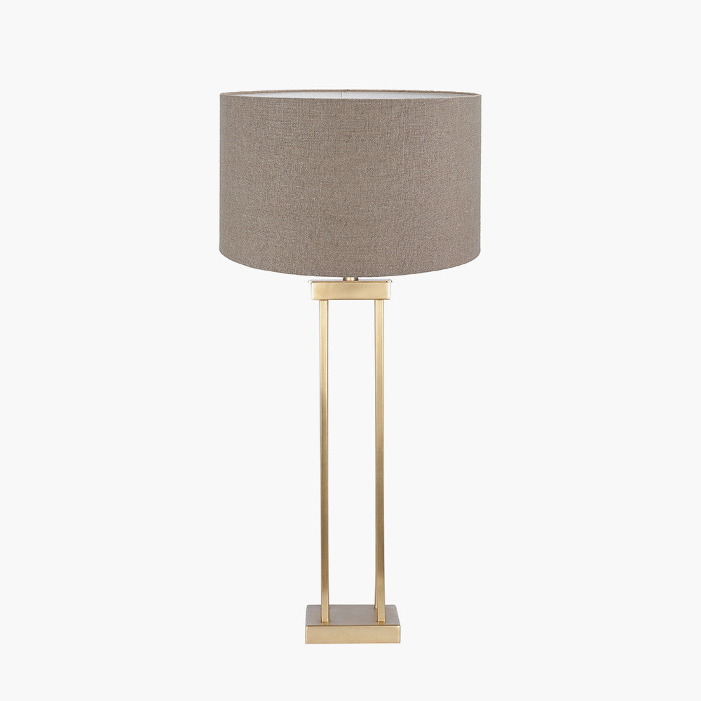 Langston Satin Brass Metal Column Table Lamp Base with Edward 40cm Natural Linen Cylinder Lampshade