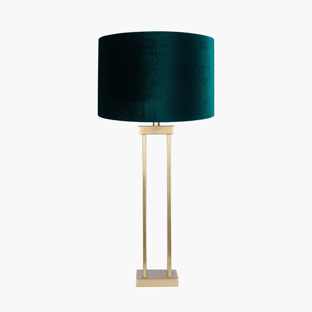 Langston Satin Brass Metal Column Table Lamp Base with Bow 40cm Forest Green Velvet Cylinder Lampshade
