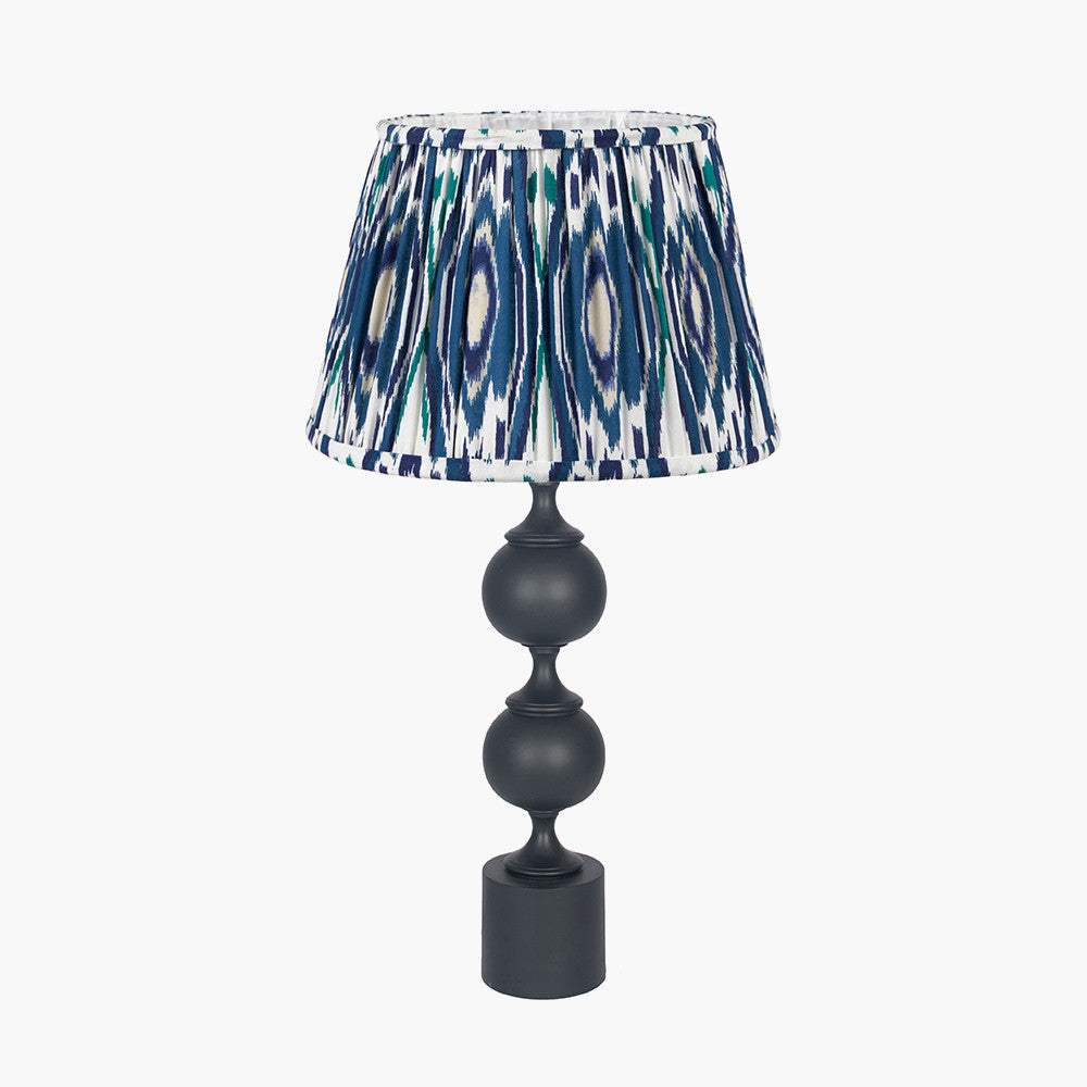 Asilah Matt Black Aluminium Tall Footed Table Lamp Base with Izara 40cm Ocean Blue Ikat Patterned Mushroom Pleat Tapered Lampshade