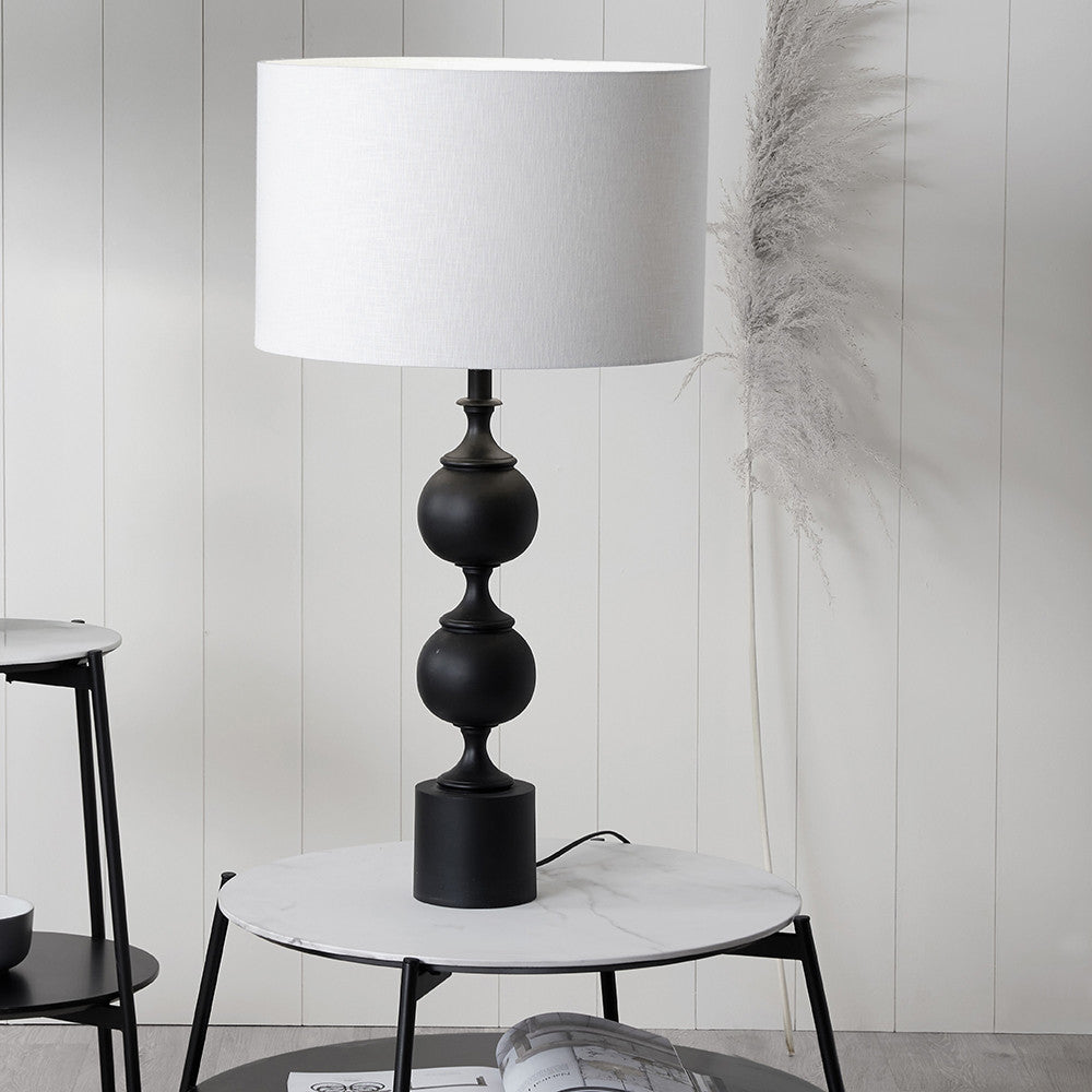 Asilah Matt Black Aluminium Tall Footed Table Lamp Base with Lino 40cm White Self Lined Linen Cylinder Lampshade