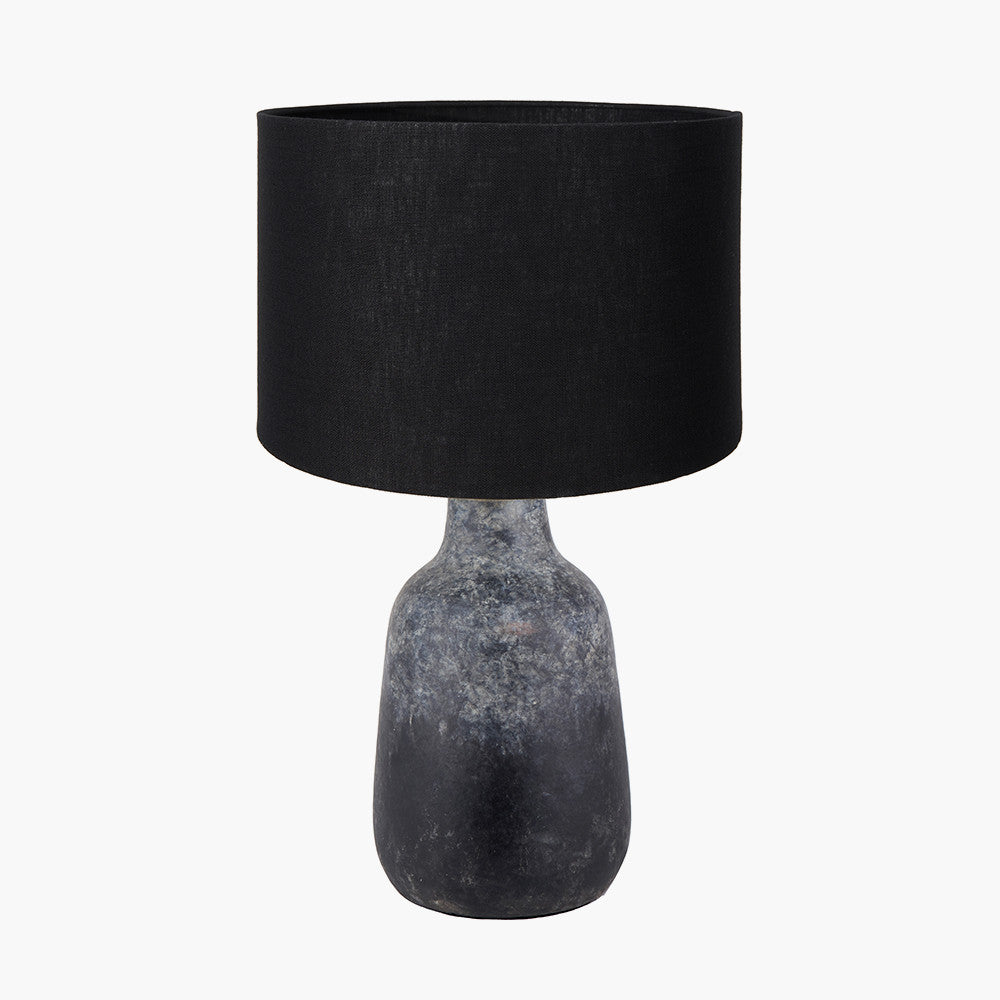 Vulcan Textured Volcanic Effect Grey Stoneware Table Lamp Base with Lino 35cm Black Self Lined Linen Cylinder Lampshade