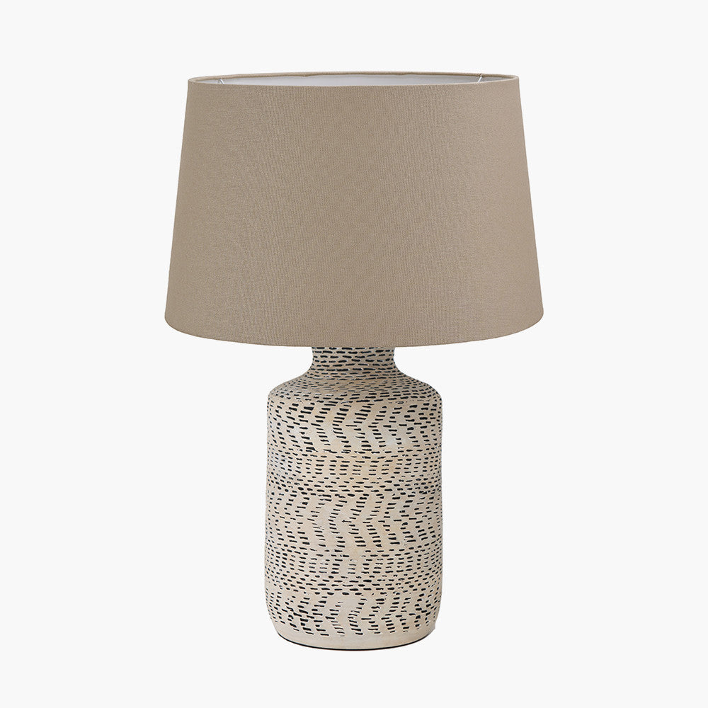 Atouk Textured Natural and Black Stoneware Table Lamp Base with Winston 35cm Taupe Handloom Tapered Lampshade