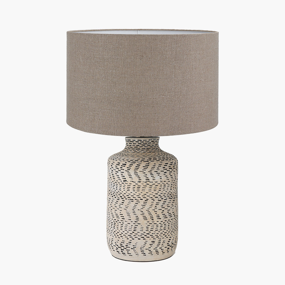Atouk Textured Natural and Black Stoneware Table Lamp Base with Edward 35cm Natural Linen Cylinder Lampshade