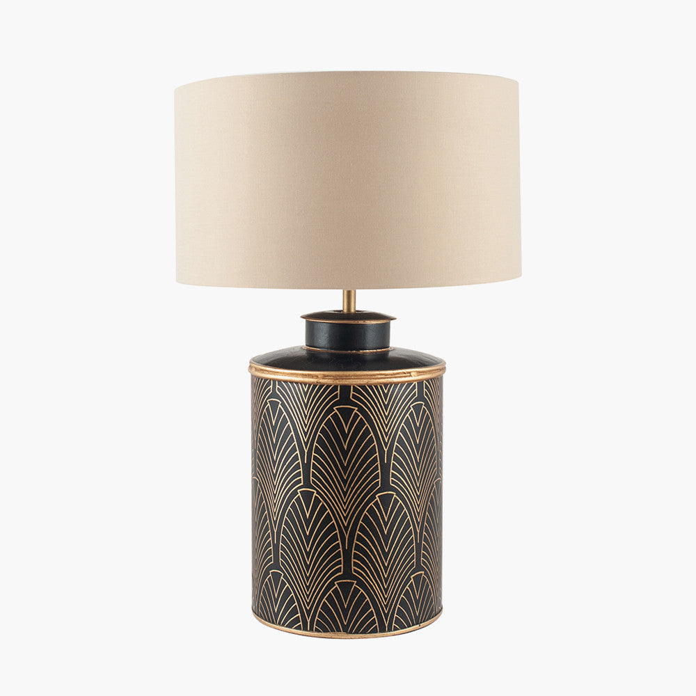 Deco Black Geo Art Deco Hand Painted Table Lamp Base with Harry 40cm Taupe Cotton Mix Cylinder Lampshade