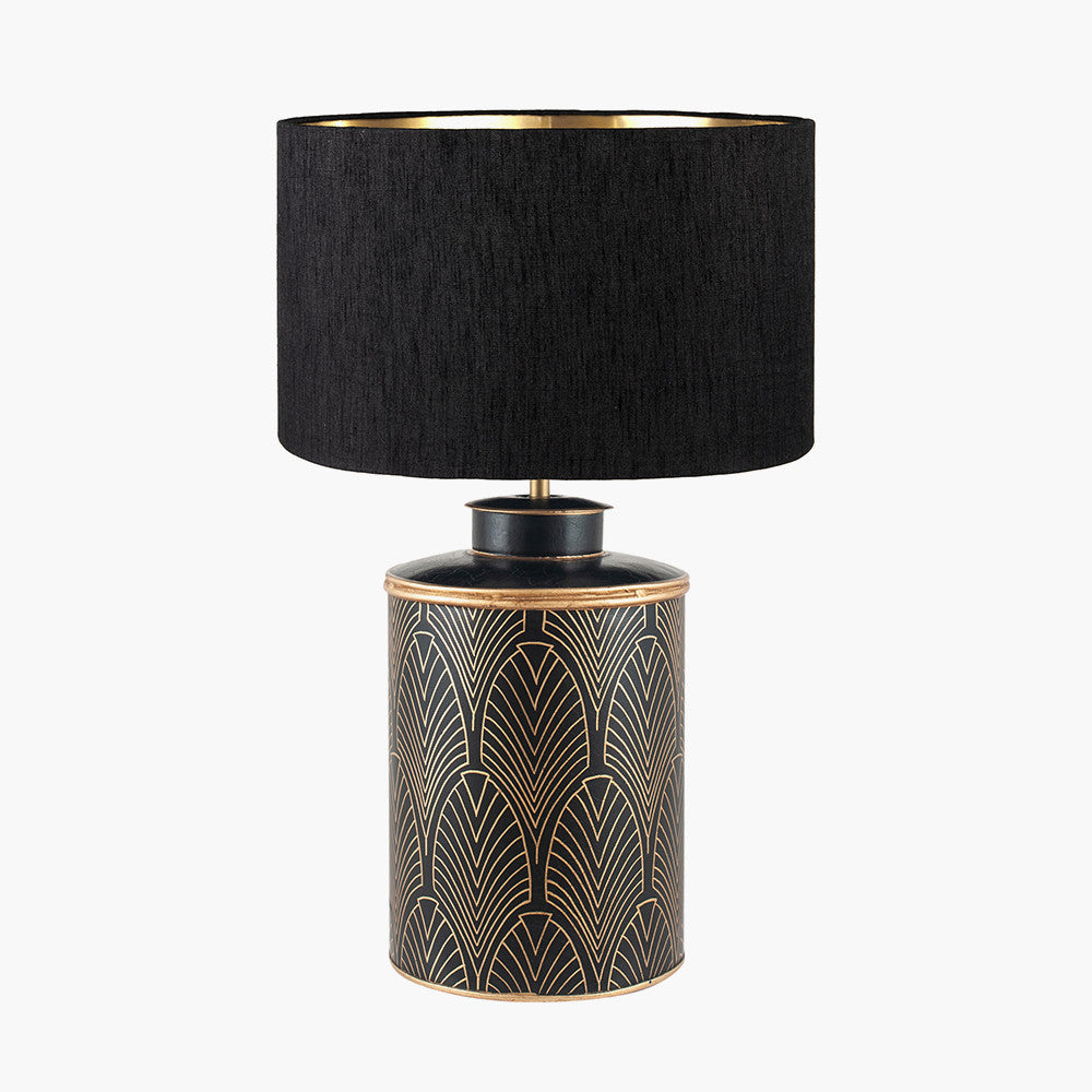Deco Black Geo Art Deco Hand Painted Table Lamp Base with Stellan 40cm Black Slubbed Silk Mix Gold Lined Cylinder Lampshade