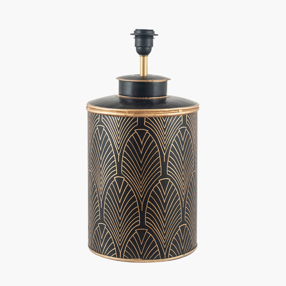 Deco Black Geo Art Deco Hand Painted Table Lamp Base with Stellan 40cm Black Slubbed Silk Mix Gold Lined Cylinder Lampshade