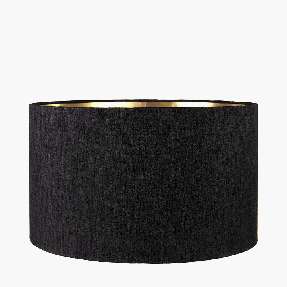 Deco Black Geo Art Deco Hand Painted Table Lamp Base with Stellan 40cm Black Slubbed Silk Mix Gold Lined Cylinder Lampshade