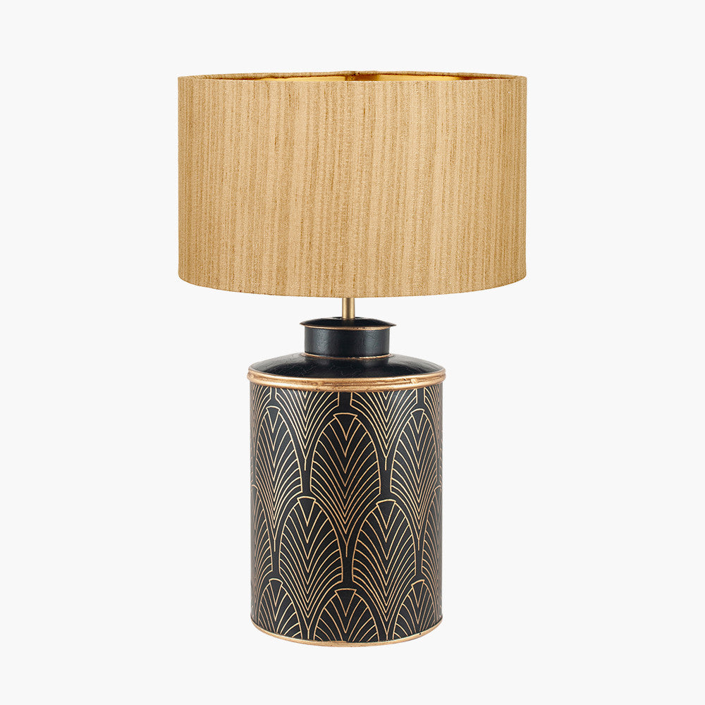 Deco Black Geo Art Deco Hand Painted Table Lamp Base with Stellan 40cm Gold Slubbed Silk Mix Gold Lined Cylinder Lampshade
