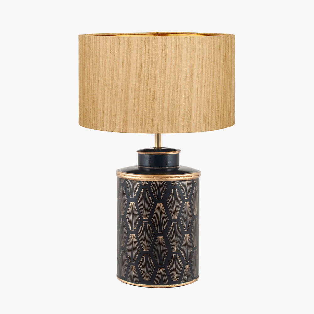 Chrysler Black Art Deco Hand Painted Table Lamp Base with Stellan 35cm Gold Slubbed Silk Mix Gold Lined Cylinder Lampshade