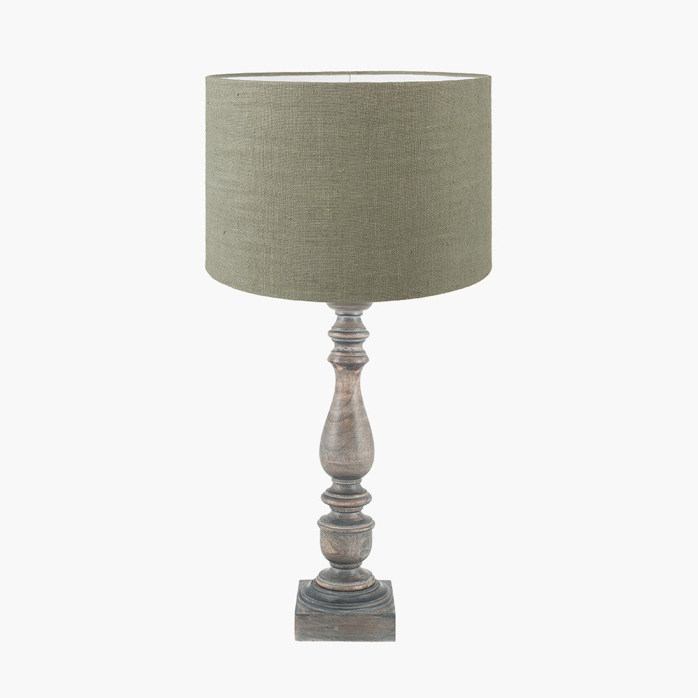 Alia Grey Wash Turned Mango Wood Table Lamp Base with Edward 40cm Pistachio Green Linen Cylinder Lampshade