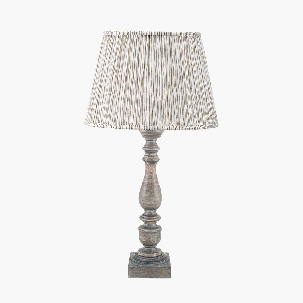 Alia Grey Wash Turned Mango Wood Table Lamp Base with Thiago 45cm Natural Stripe Mushroom Pleat Tapered Lampshade