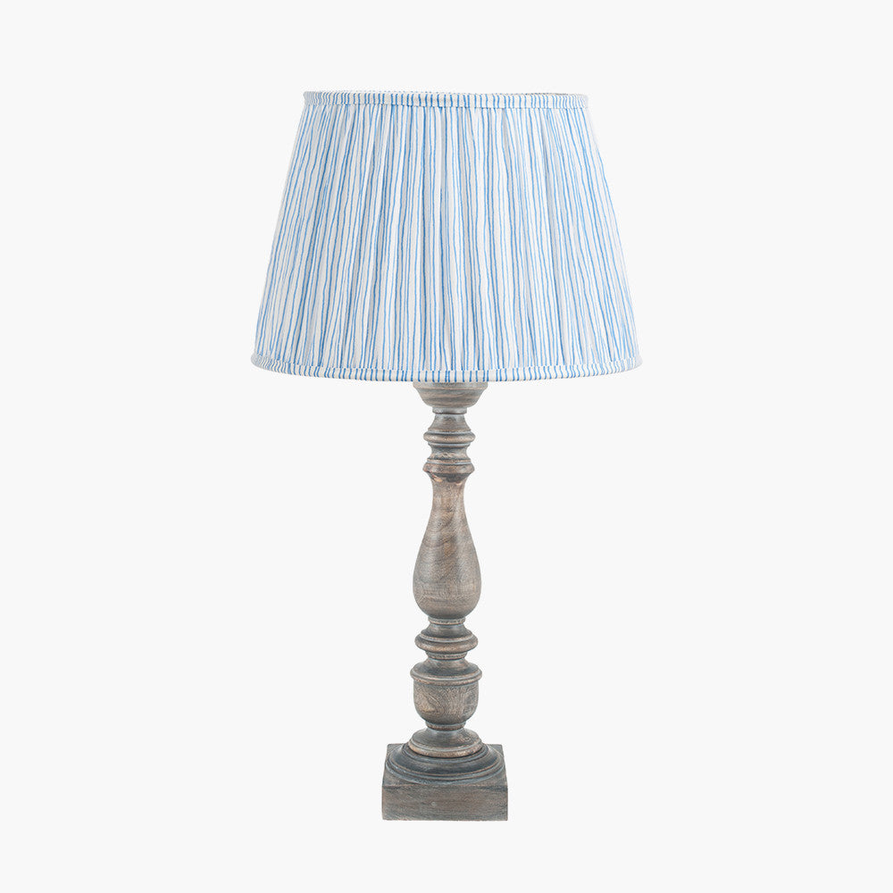 Alia Grey Wash Turned Mango Wood Table Lamp Base with Thiago 45cm Ocean Blue Stripe Mushroom Pleat Tapered Lampshade