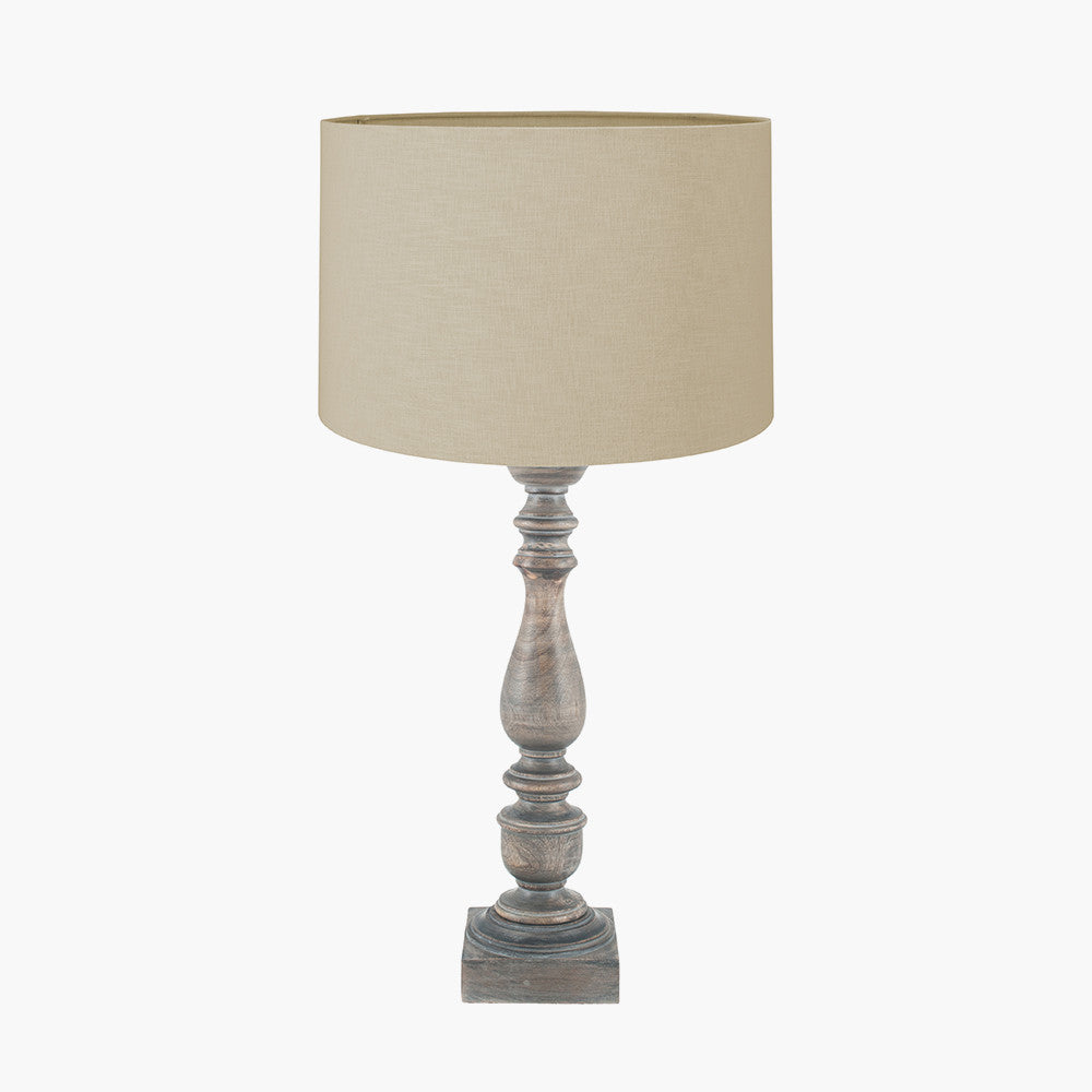 Alia Grey Wash Turned Mango Wood Table Lamp Base with Lino 40cm Cream Self Lined Linen Cylinder Lampshade