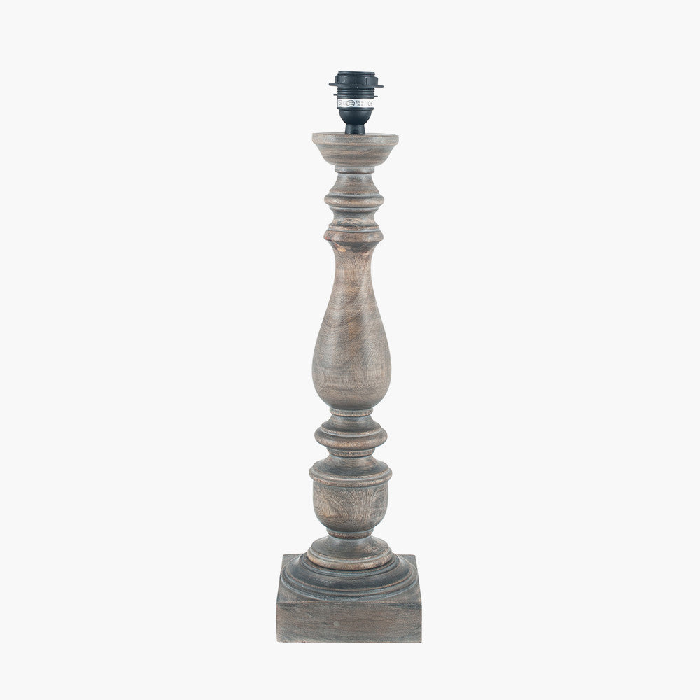 Alia Grey Wash Turned Mango Wood Table Lamp Base with Lino 40cm Cream Self Lined Linen Cylinder Lampshade