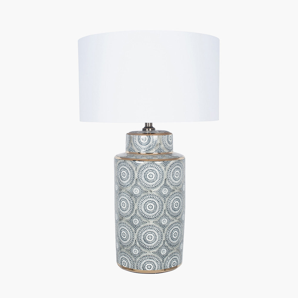 Kari Circle Pattern Ceramic Table Lamp Base with Harry 40cm Ivory Cotton Mix Cylinder Lampshade