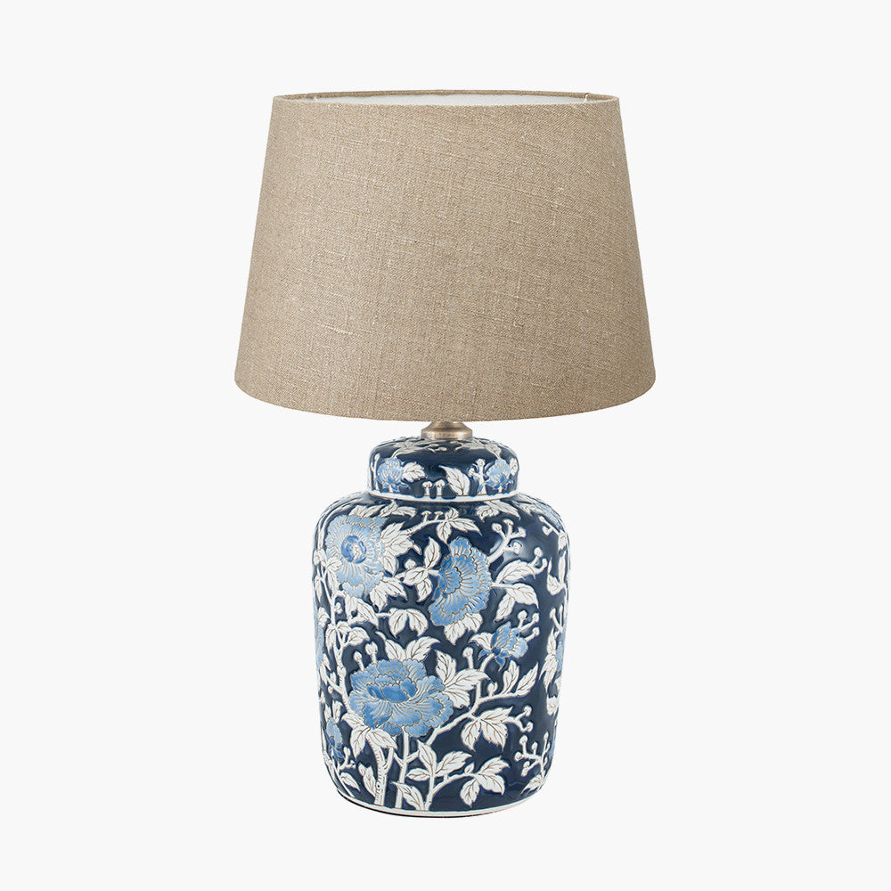 Fleur Blue Floral Ceramic Table Lamp Base with Milos 35cm Natural Linen Tapered Lampshade