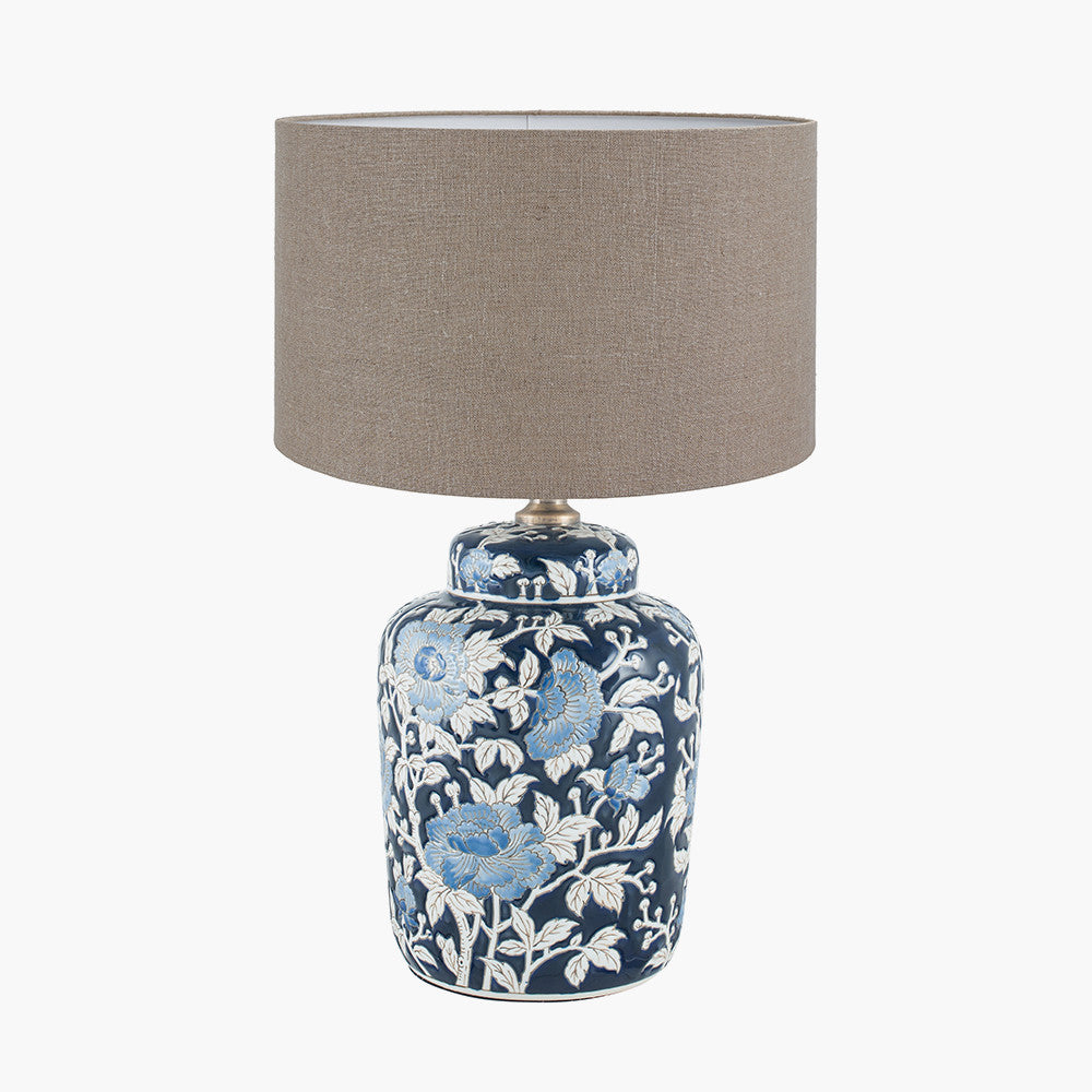 Fleur Blue Floral Ceramic Table Lamp Base with Edward 30cm Natural Linen Cylinder Lampshade