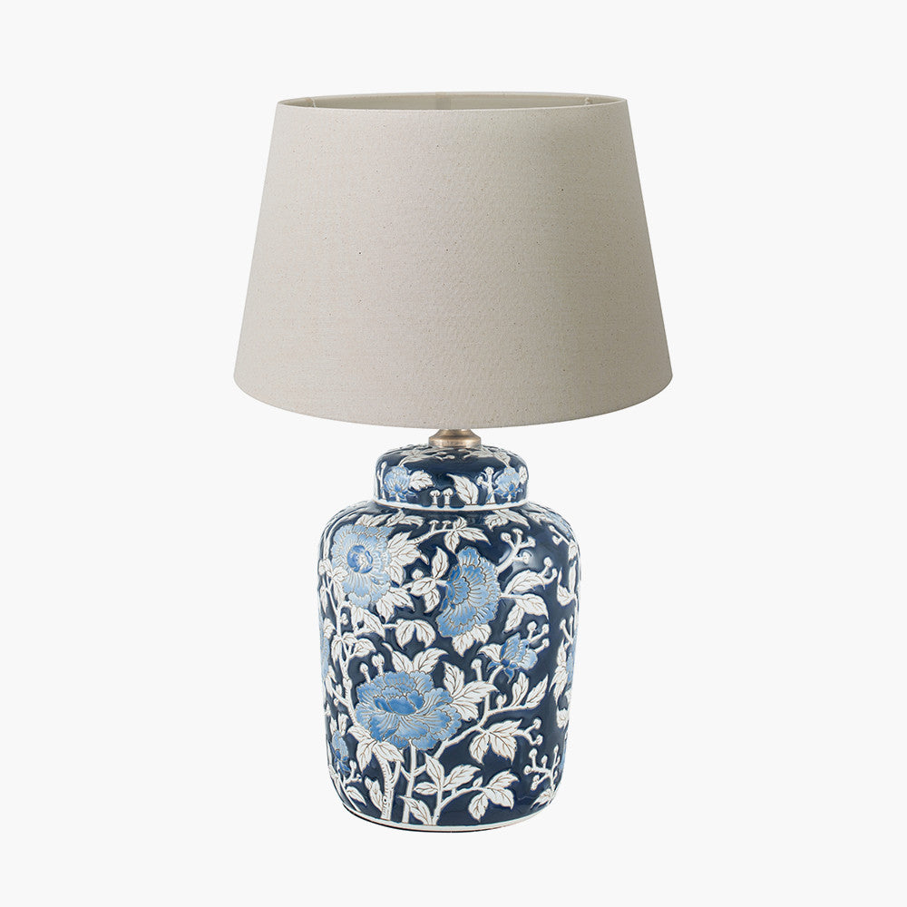 Fleur Blue Floral Ceramic Table Lamp Base with Coast 35cm Cream Calico Tapered Lampshade