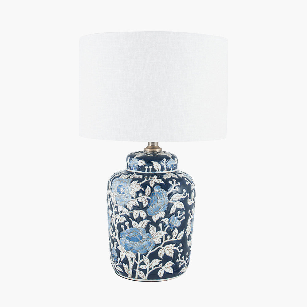 Fleur Blue Floral Ceramic Table Lamp with Lino 25cm White Self Lined Linen Cylinder Lampshade