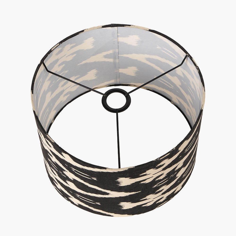 Rhode Matt Black Stick Metal Table Lamp Base with Lars 30cm Black Ikat Patterned Cylinder Lampshade