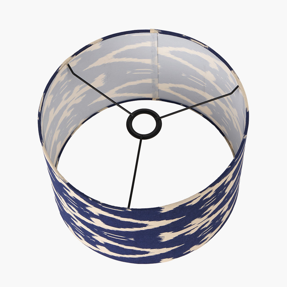Rhode Matt Black Stick Metal Table Lamp Base with Lars 30cm Ocean Blue Ikat Patterned Cylinder Lampshade