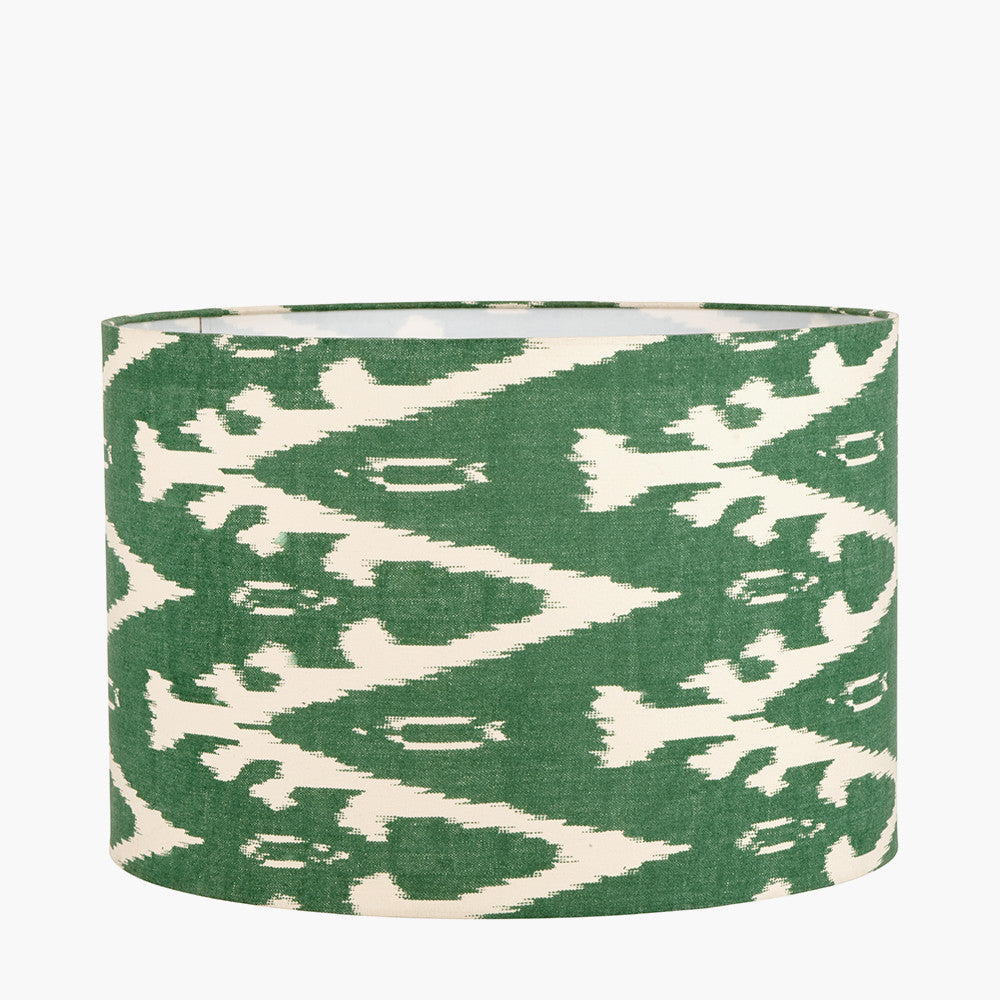 Rhode Matt Black Stick Metal Table Lamp Base with Lars 30cm Racing Green Ikat Patterned Cylinder Lampshade