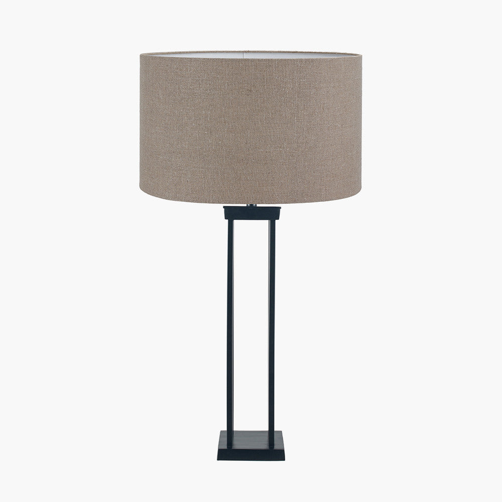 Langston Matt Black Metal Column Table Lamp Base with Edward 40cm Natural Linen Cylinder Lampshade