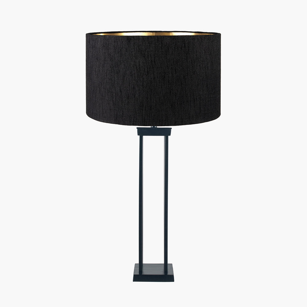 Langston Matt Black Metal Column Table Lamp Base with Stellan 40cm Black Slubbed Silk Mix Gold Lined Cylinder Lampshade