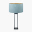 Langston Matt Black Metal Column Table Lamp Base with Stellan 40cm Duck Egg Slubbed Silk Mix Gold Lined Cylinder Lampshade