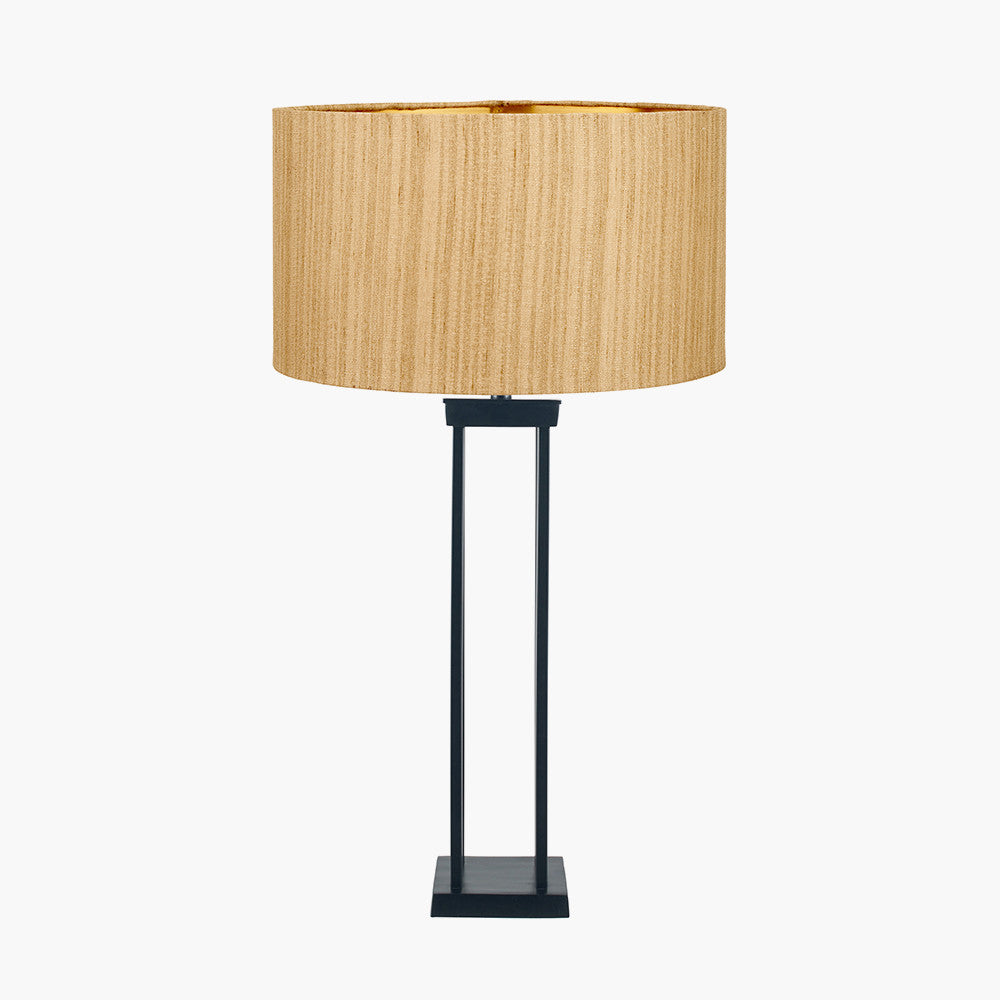 Langston Matt Black Metal Column Table Lamp Base with Stellan 40cm Gold Slubbed Silk Mix Gold Lined Cylinder Lampshade