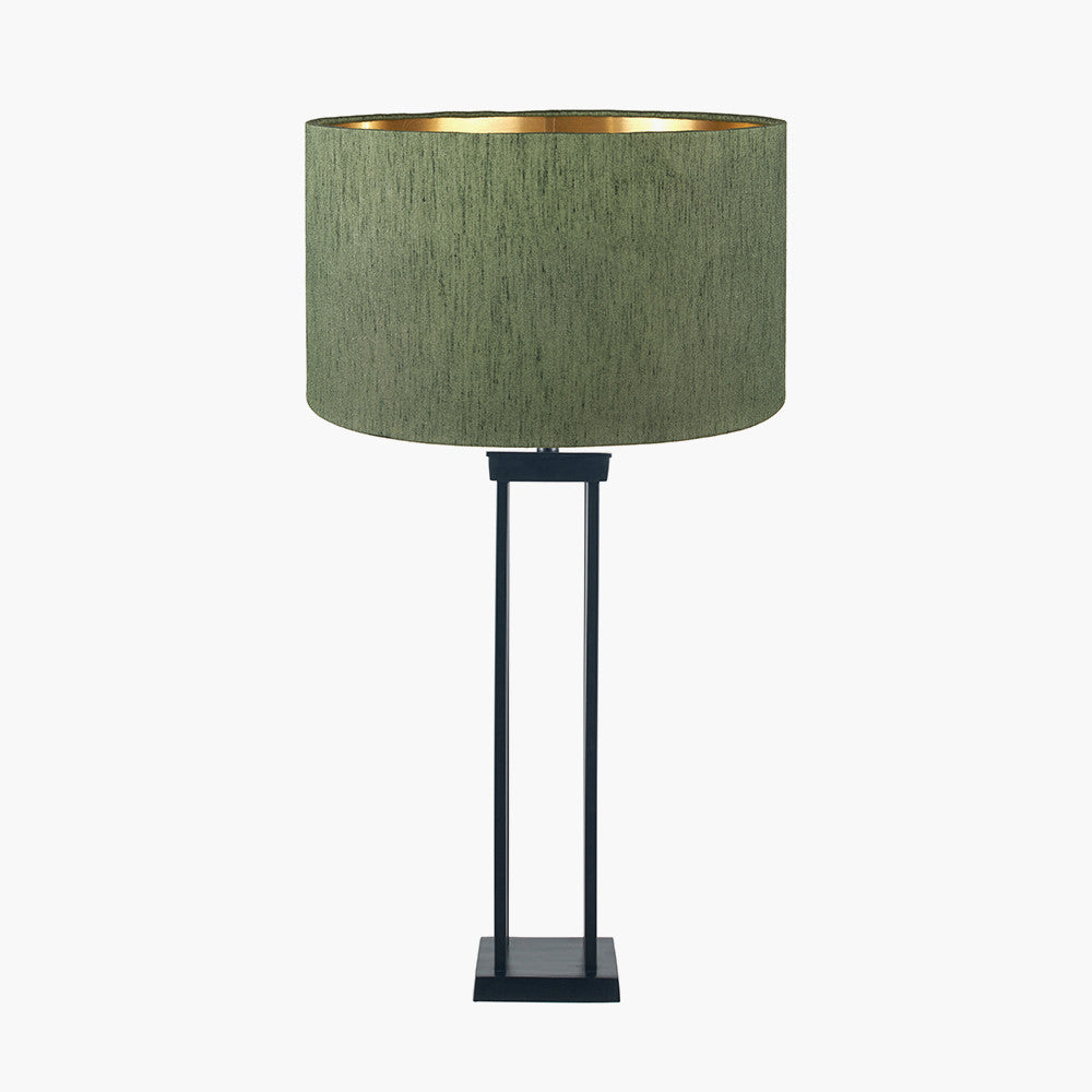 Langston Matt Black Metal Column Table Lamp Base with Stellan 40cm Green Slubbed Silk Mix Gold Lined Cylinder Lampshade