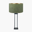 Langston Matt Black Metal Column Table Lamp Base with Stellan 40cm Green Slubbed Silk Mix Gold Lined Cylinder Lampshade