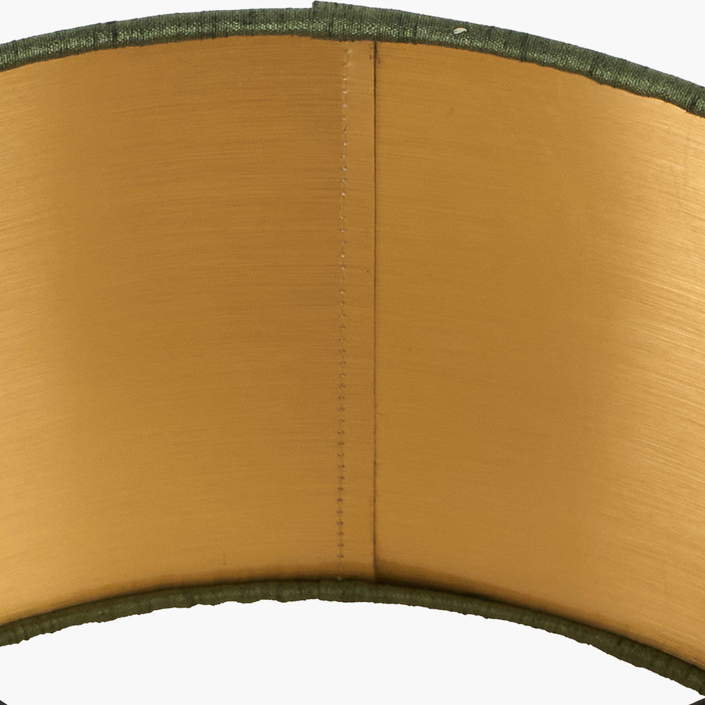 Langston Matt Black Metal Column Table Lamp Base with Stellan 40cm Green Slubbed Silk Mix Gold Lined Cylinder Lampshade