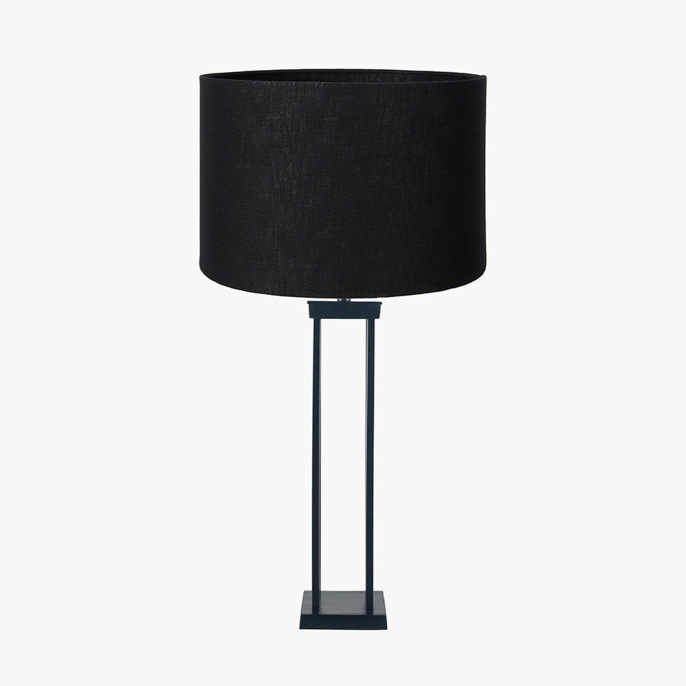 Langston Matt Black Metal Column Table Lamp Base with Lino 40cm Black Self Lined Linen Cylinder Lampshade