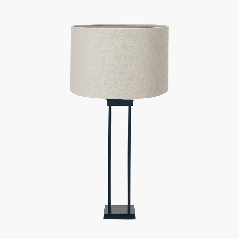 Langston Matt Black Metal Column Table Lamp Base with Lino 40cm Grey Self Lined Linen Cylinder Lampshade