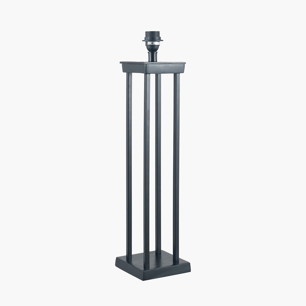 Langston Matt Black Metal Column Table Lamp Base with Lino 40cm Grey Self Lined Linen Cylinder Lampshade