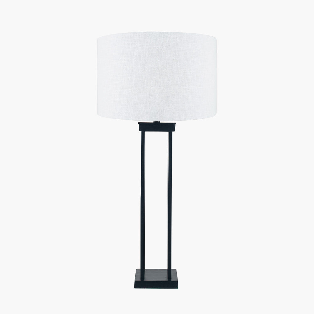 Langston Matt Black Metal Column Table Lamp Base with Lino 40cm White Self Lined Linen Cylinder Lampshade